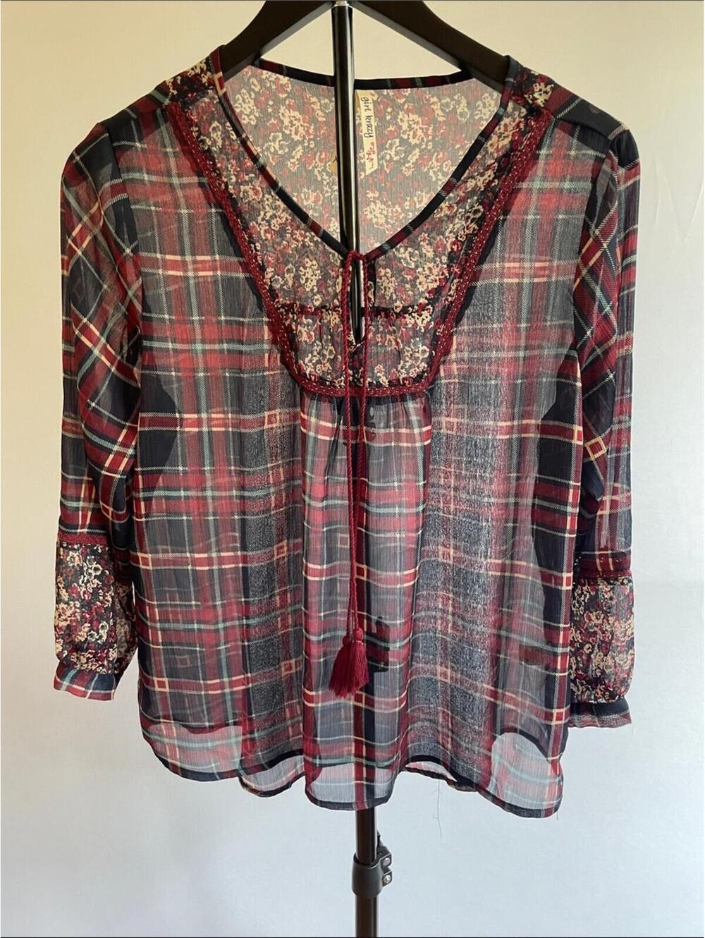 Girl Krazy Sheer Navy Maroon Plaid Blouse XL Dark Academia Prairie Schoolgirl